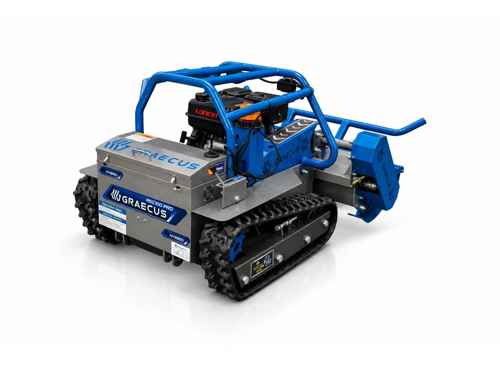 Graecus | RSC100 PRO Hybrid Hammer | Loncin | Τηλεκατευθυνόμενος καταστροφέας 100εκ χόρτων και κλαδιών με σφυριά , υβριδικός, ερπυστριοφόρος, ραδιοχειριστήριο 150m και Loncin 459cc 18hp 