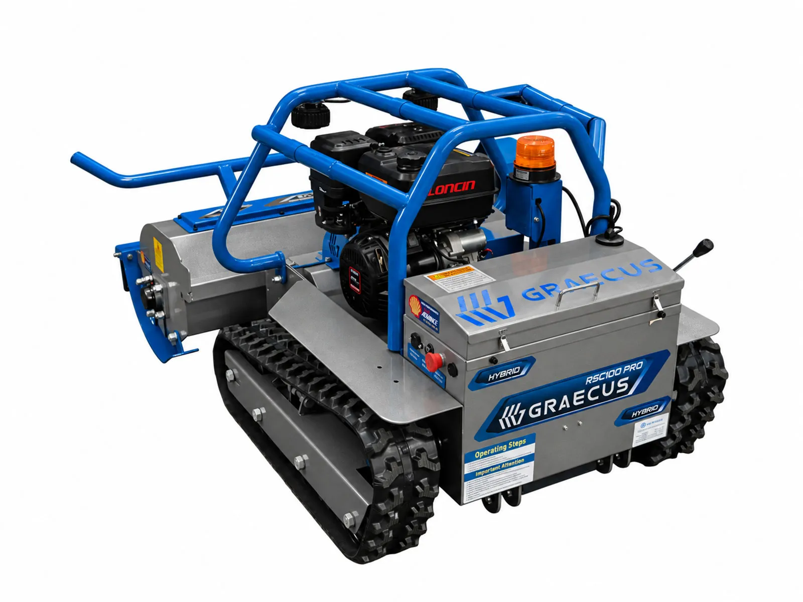 Graecus | RSC100 PRO Hybrid Hammer | Loncin | Τηλεκατευθυνόμενος καταστροφέας 100εκ χόρτων και κλαδιών με σφυριά , υβριδικός, ερπυστριοφόρος, ραδιοχειριστήριο 150m και Loncin 459cc 18hp 