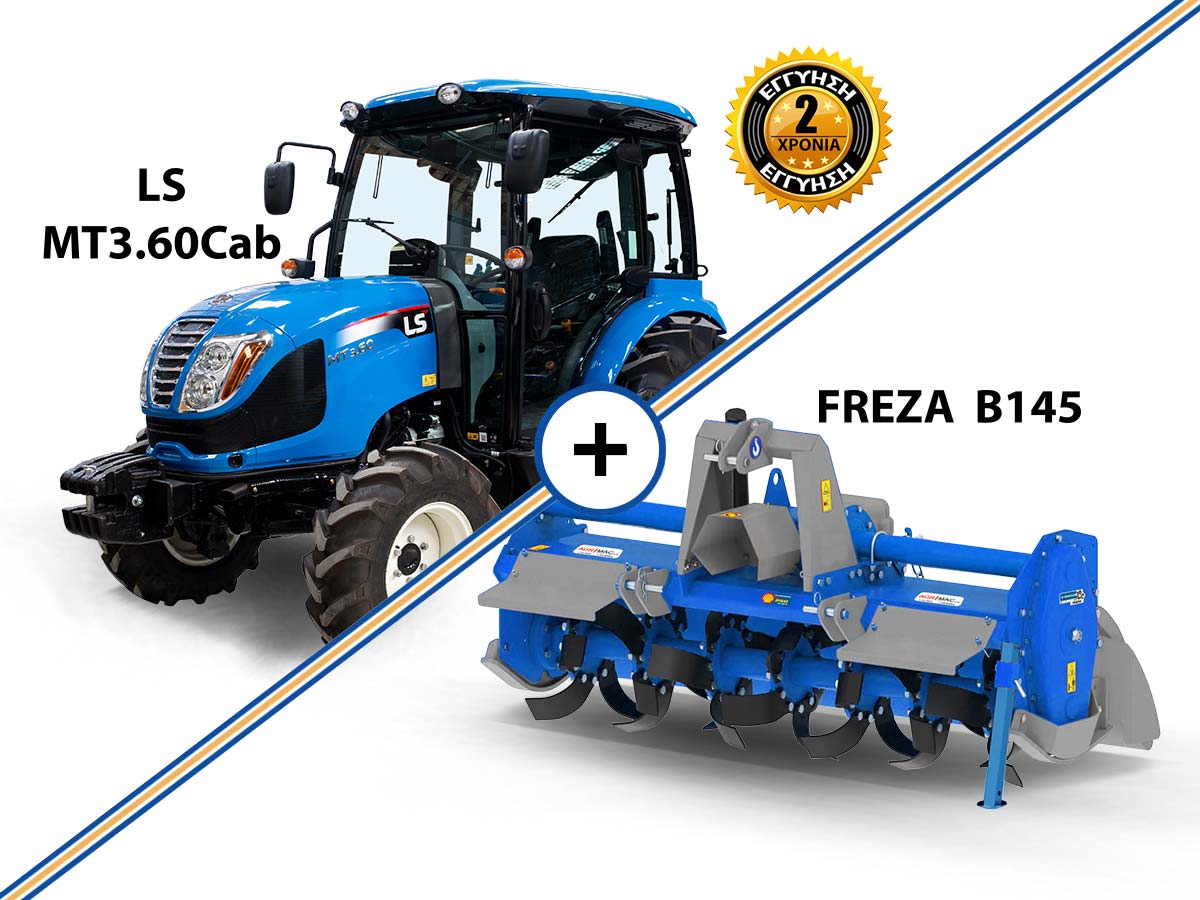 MT3.60 CABIN | LS Tractor | 72hp Δενδροκομικό Αμπελουργικό Τρακτέρ συνδιασμός με GRAECUS FREZA B145